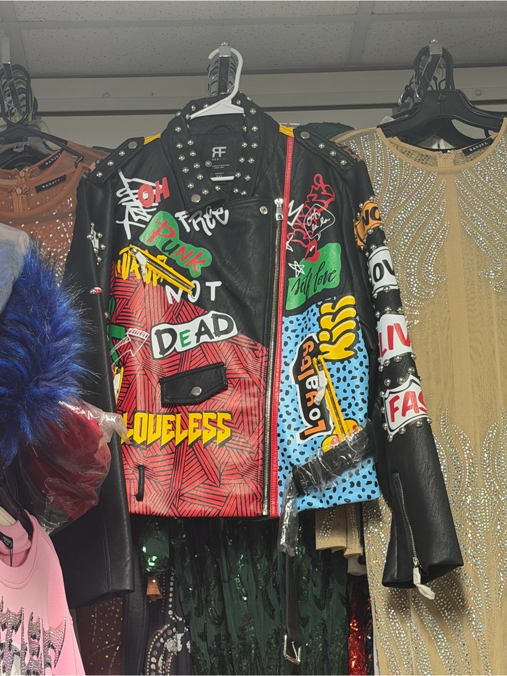 Graphic Studded Black Multi-Color Leather Moto Jacket